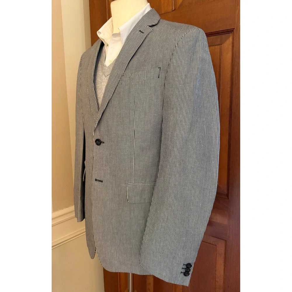 Banana Republic Tailored Fit Blazer Men 40L Striped Cotton Linen 2-Button Jacket